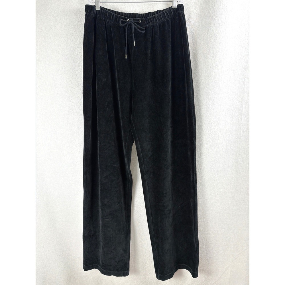 VTG Rafaella Womens Black Velour Wide Leg Drawstring Pants Size L Cotton Blend